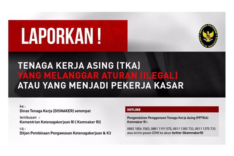 Informasi soal pelaporan terkait tenaga kerja asing ilegal.