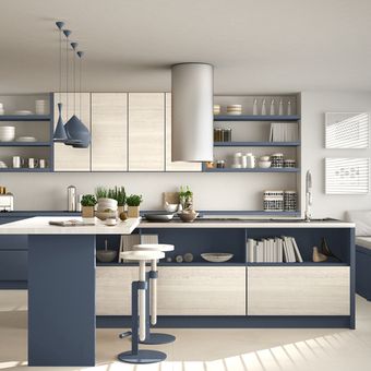 Ilustrasi dapur dengan nuasan putih dan biru.