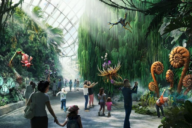 Ilustrasi pengunjung menjelajahi uniknya flora dan fauna di Pandora, latar lokasi film Avatar: The Way of Water. Wisatawan bisa merasakannya di Gardens by the Bay Singapura mulai Jumat (28/10/2022).