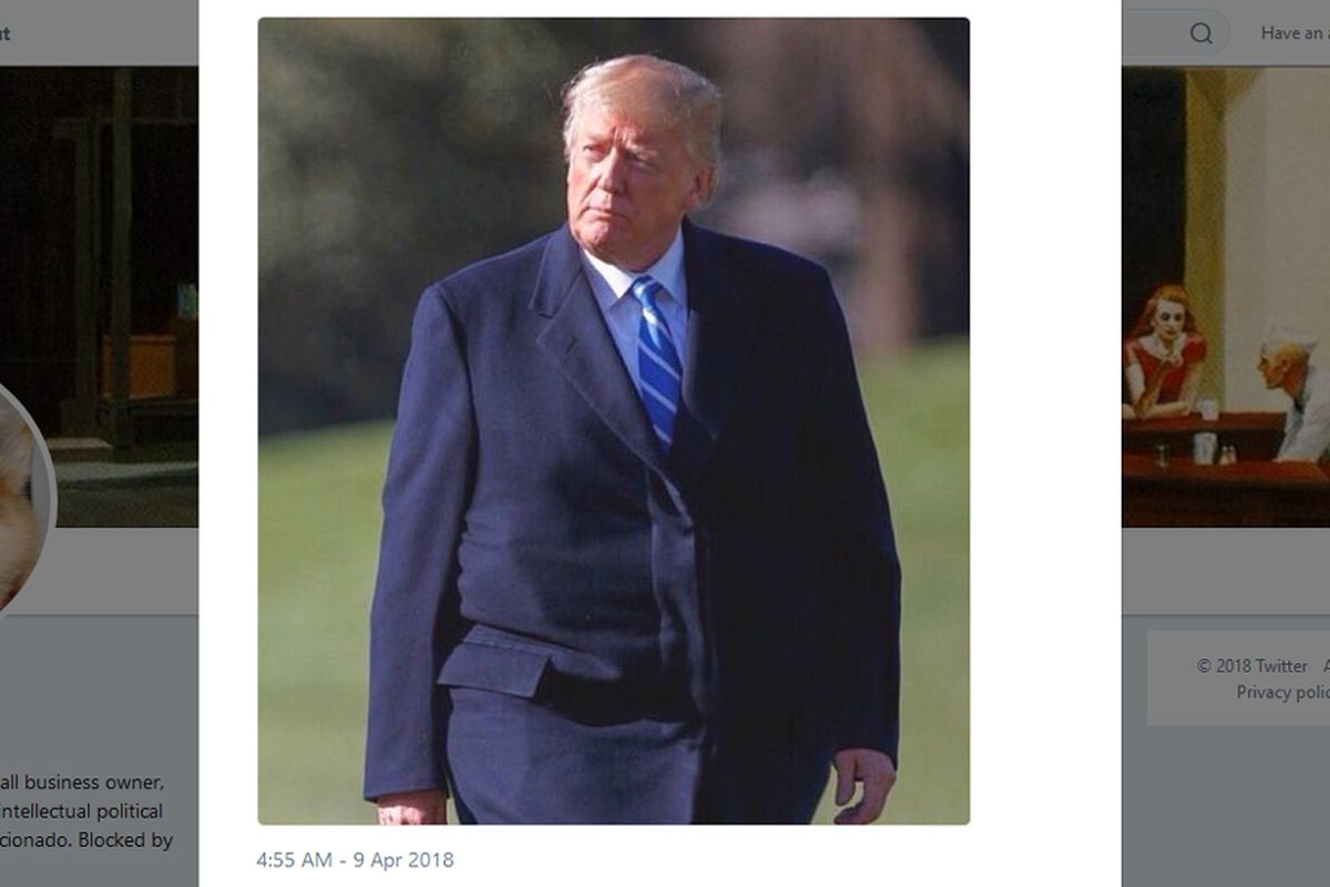 Foto Presiden Donald Trump dengan mantel biru tua yang mengundang cibiran publik dan ternyata merupakan hasil rekayasa.