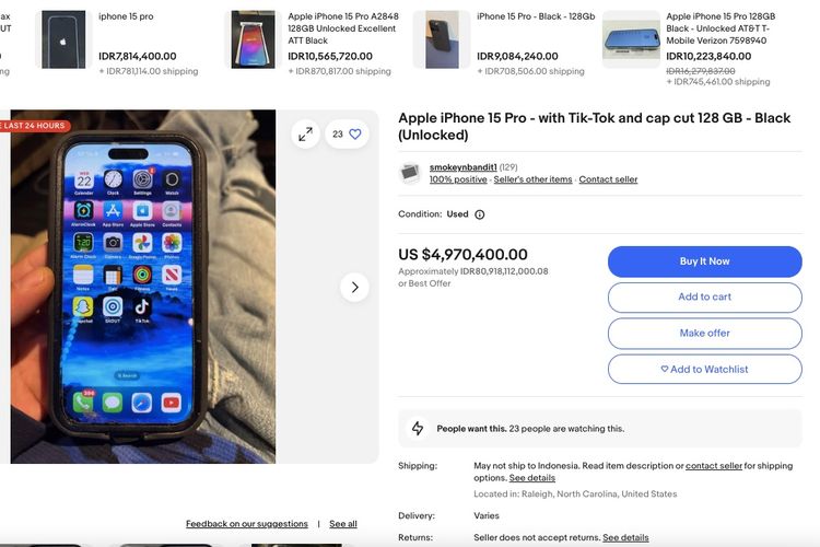 iPhone bekas yang dijual hingga Rp 80 miliar di eBay, karena masih terpasang aplikasi TikTok.