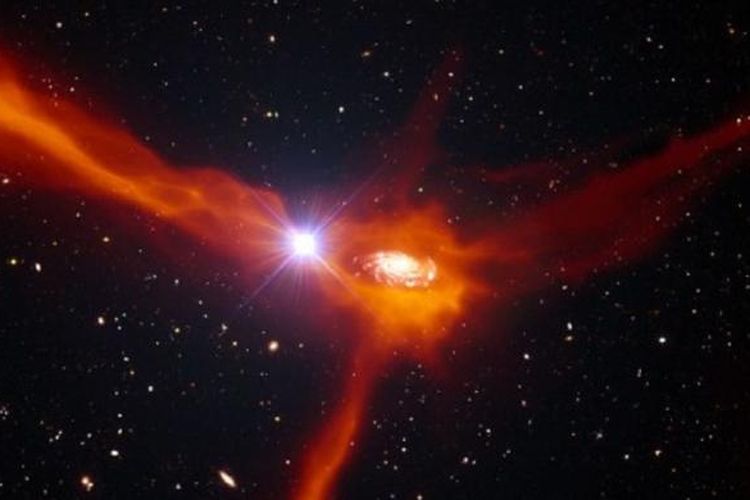 Ilustrasi galaksi yang jaraknya sangat jauh menarik gas yang ada di sekitarnya dengan latar terangnya quasar. 