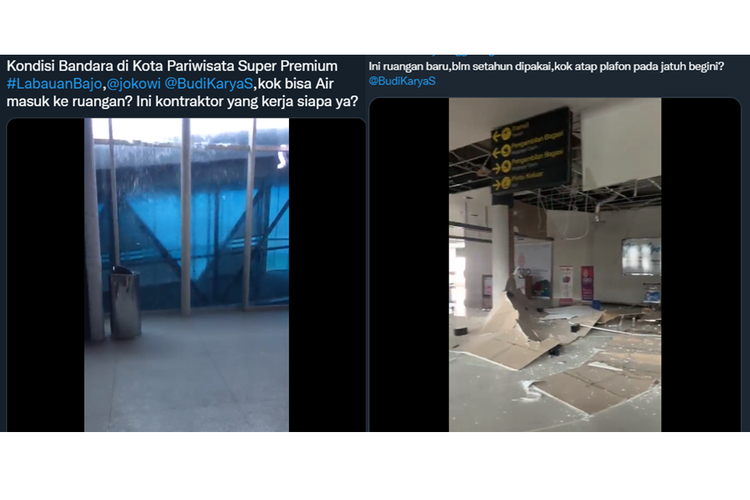 Tangkapan layar unggahan video Bandara Komodo Labuan Bajo bocor hingga tergenang air. Terdapat video lain yang memperlihatkan plafon salah satu ruangan tampak jebol.