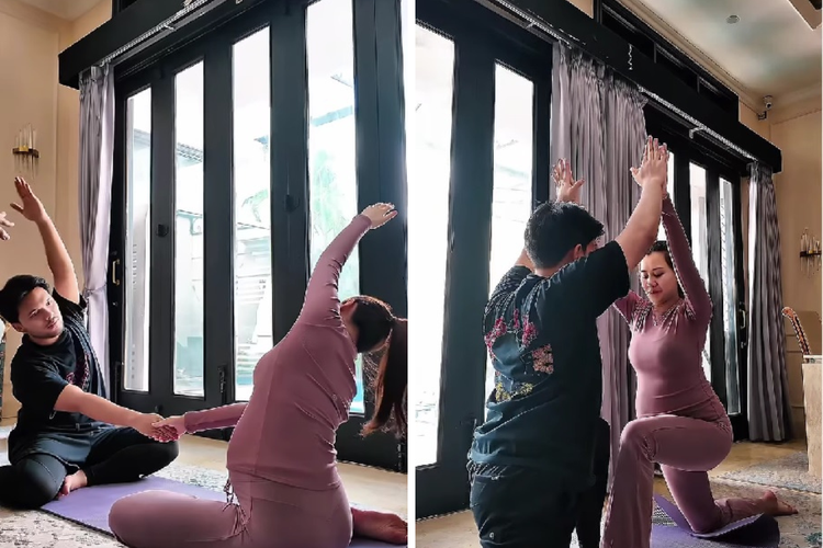Thoriq Halilintar (kiri) dan Aaliyah Massaid (kanan) ketika melakukan prenatal yoga. 