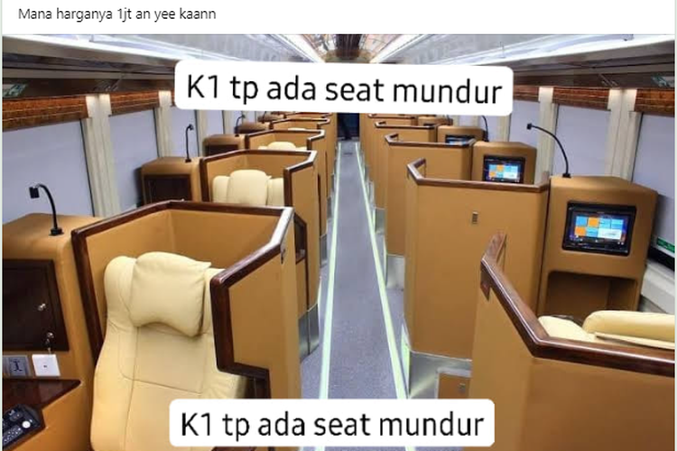 Tangkapan layar unggahan foto bernarasi adanya kursi mundur di kereta dengan harga tiket Rp 1 jutaan.