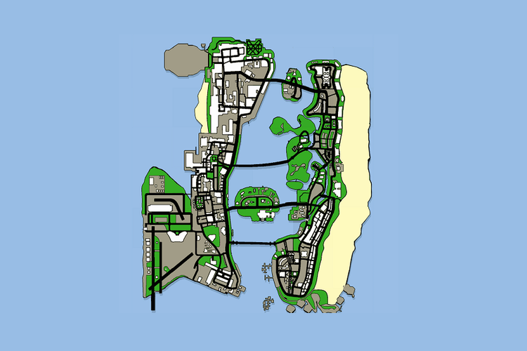 Peta Vice City di Grand Theft Auto: Vice City. Peta ini akan digunakan kembali di GTA 6.