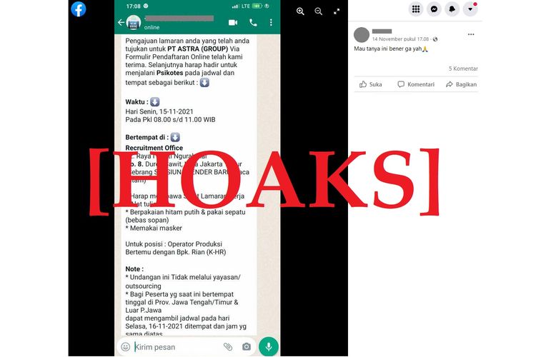 Tangkapan layar informasi hoaks undangan psikotes lamaran kerja di  PT Astra (Group).