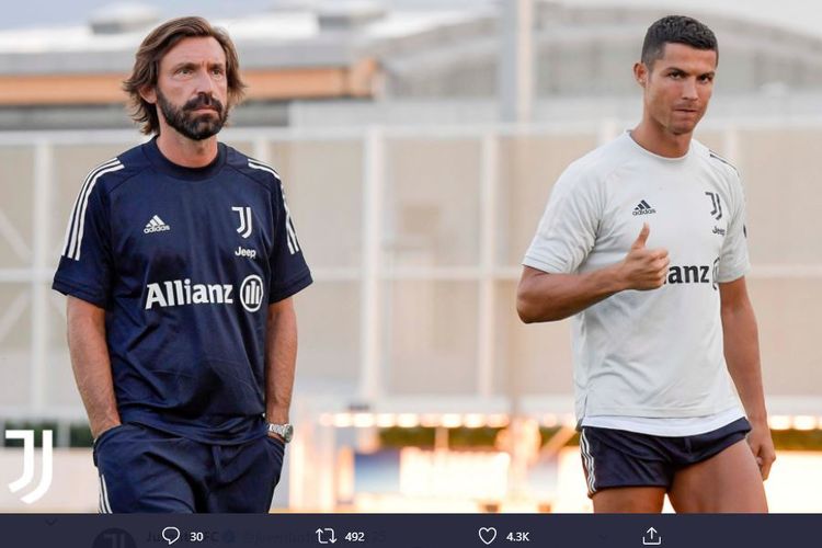 Andrea Pirlo dan Cristiano Ronaldo saat menjalani latihan pramusim Juventus yang dilaksanakan di Continassa pada Senin (24/8/2020) waktu setempat.