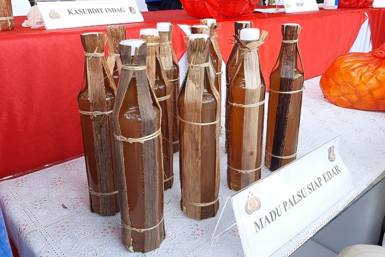 Bottles of fake honey made to look like traditionally made honey typical of Indonesias Banten Province