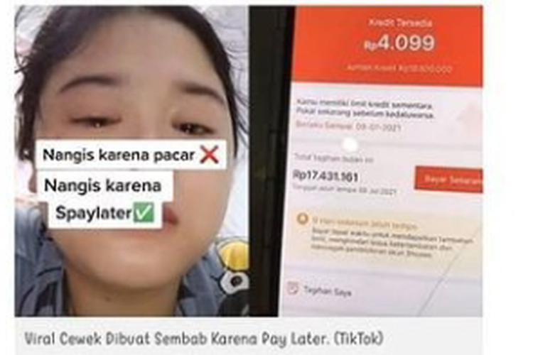 Tangkapan layar video TikTok yang menyebut tagihan di akun Shopee Pay Later-nya membengkak dari Rp400 ribu menjadi Rp17 juta akibat tidak mampu membayar.