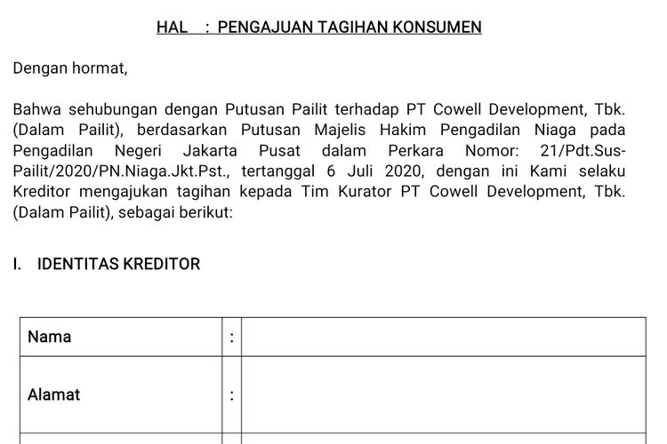 Formulir Pengajuan Tagihan Konsumen PT Cowell Development Tbk (Dalam Pailit)