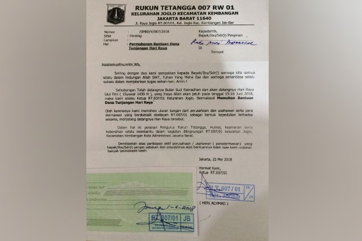 Surat edaran permohonan THR kepada perusahaan dari RT 007 RW 001 Joglo, Kembangan, Jakarta Barat, Senin (4/6/2018).