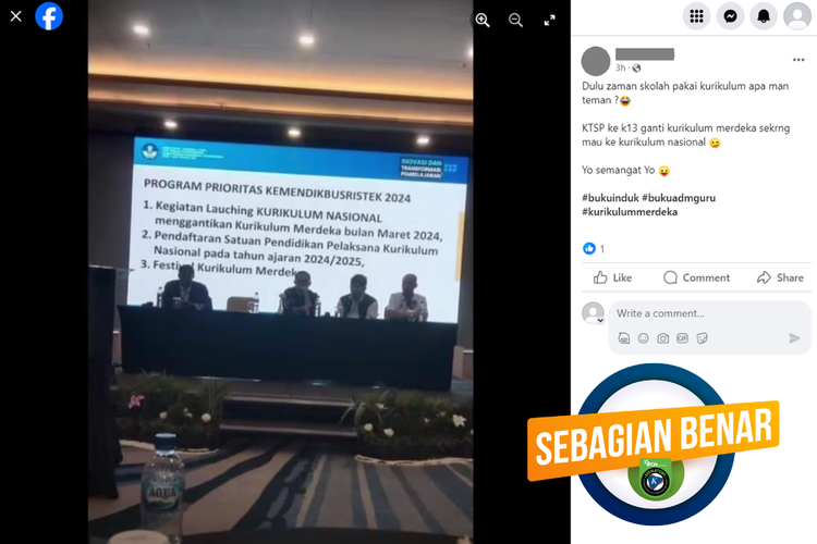 Tangkapan layar konten sebagian benar di sebuah akun Facebook, Kamis (7/3/2024), soal Kurikulum Nasional akan mengganti Kurikulum Merdeka pada Maret 2024.