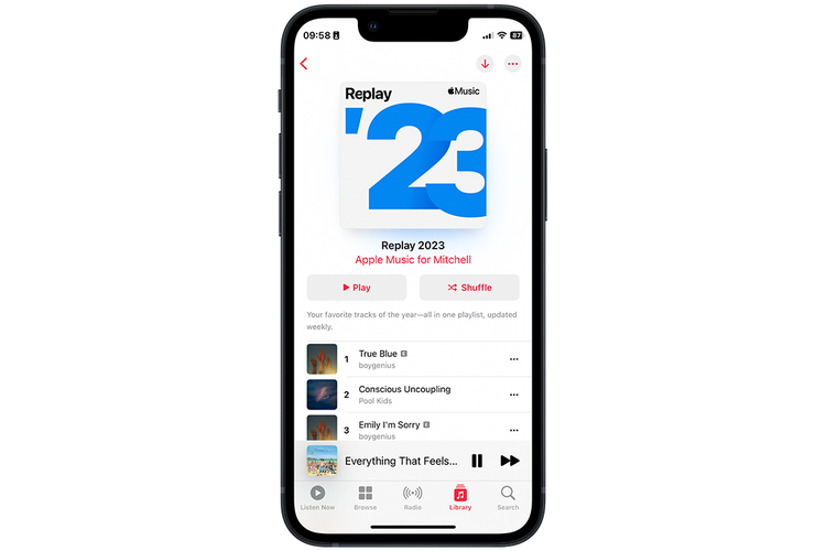 Tampilan playlist Replay 2023 di Apple Music