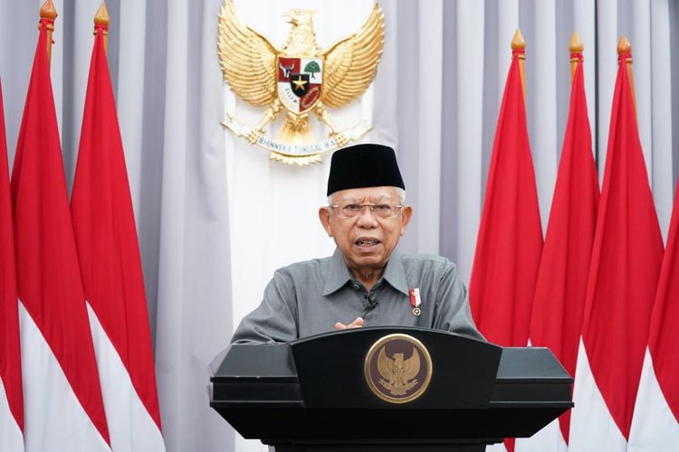 Wakil Presiden Ma'ruf Amin memberikan kata sambutan secara virtual pada acara Rapat Kerja Nasional BKKBN 2022, Selasa (22/2/2022).