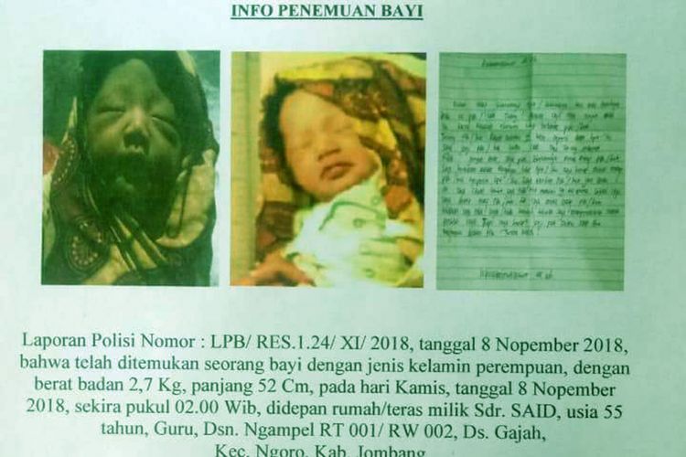 Jajaran Kepolisian Sektor Ngoro, Jombang, Jawa Timur, merilis informasi tentang penemuan bayi di Desa Gajah, Kecamatan Ngoro, Kamis (8/11/2018)