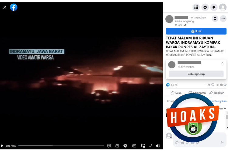 Tangkapan layar unggahan dengan narasi hoaks di sebuah akun Facebook, Kamis (10/8/2023), yang menyebut warga Indramayu membakar Ponpes Al Zaytun.