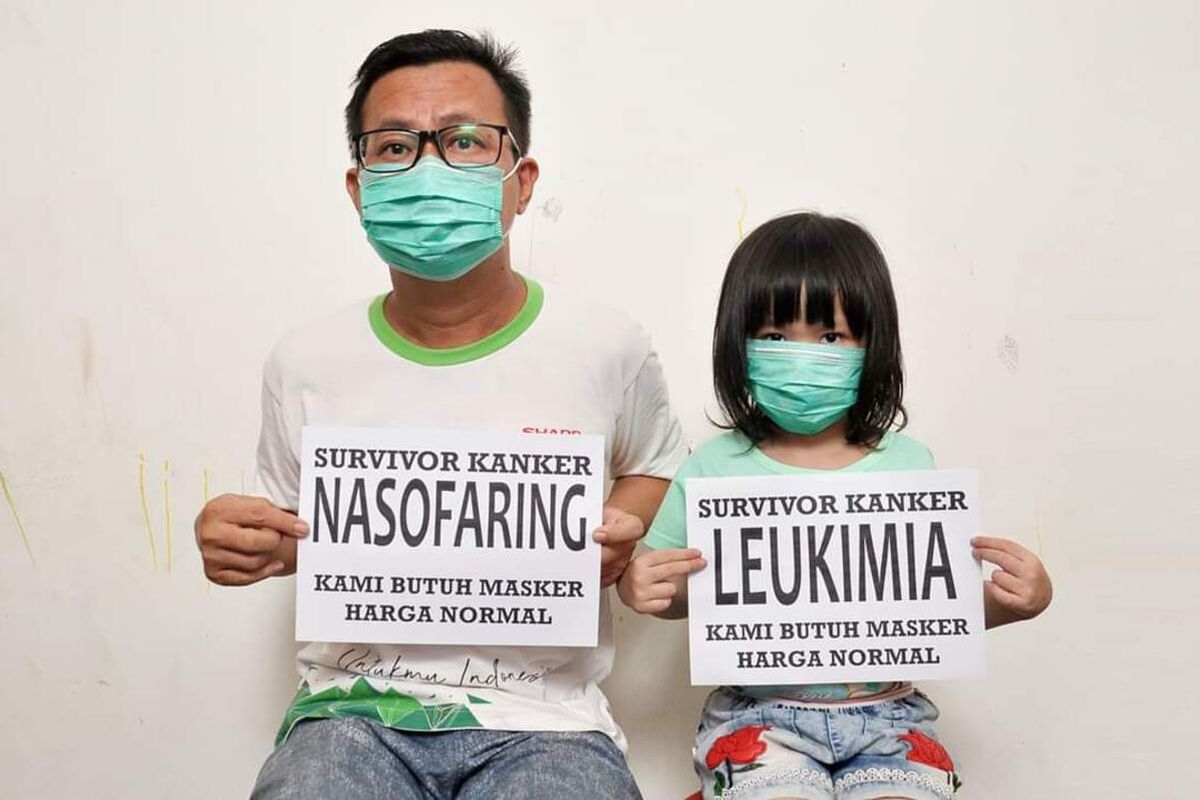 Susanto Tan (46) dan Celine (6), ayah dan anak penyintas kanker ini butuh masker dengan harga normal.