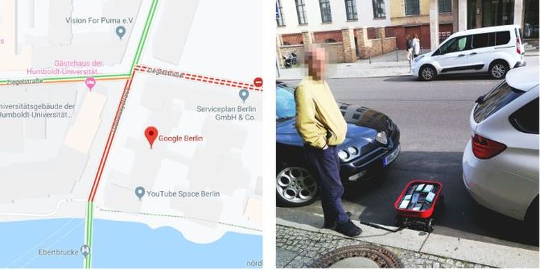 Hasil dari 99 ponsel aktif yang dibawa Simon di jalanan Berlin membuat jalanan tersebut terdeteksi macet di Google Maps