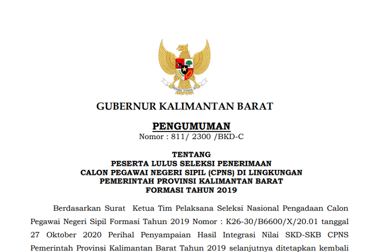 Tangkapan layar pengumuman hasil CPNS 2019 Pemprov Kalimantan Barat.