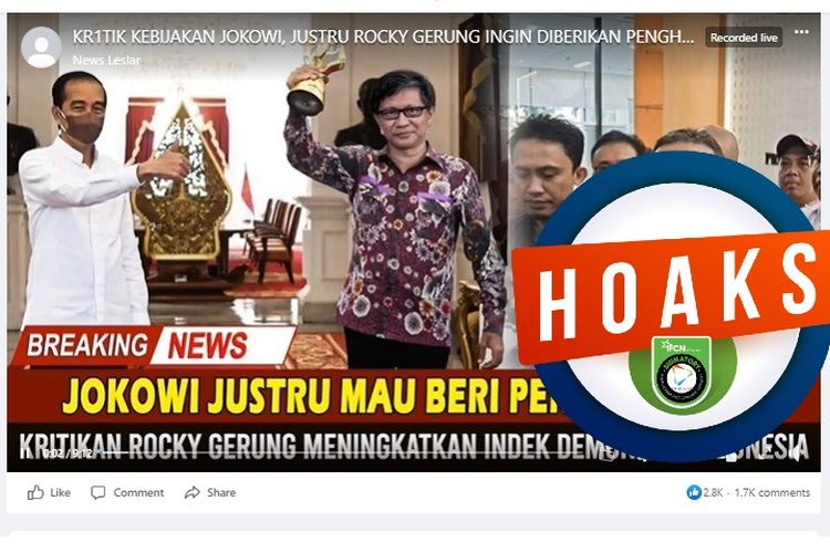 Tangkapan layar Facebook narasi yang menyebut Presiden jokowi memberikan penghargaan Bintang Mahaputera kepada Rocky Gerung