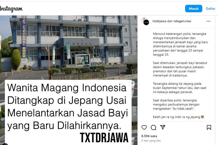 Tangkapan layar unggahan soal pekerja magang Indonesia yang ditangkap polisi Jepang.