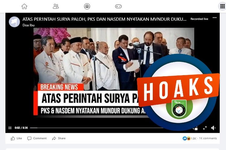 Tangkapan layar Facebook narasi yang menyebut bahwa Partai Nasdem dan PKS menyatakan mundur untuk mendukung Anies Baswedan sebagai calon presiden 