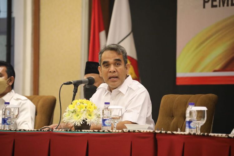 Sekretaris Jenderal Partai Gerindra Ahmad Muzani saat menghadiri konsolidasi kader Gerindra se-Solo Raya di Hotel Lor In, Solo, Kamis (7/4/2022)