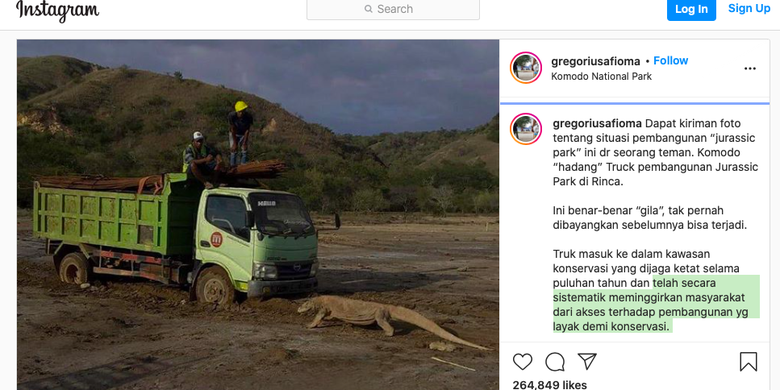 Unggahan Akun Instagran @gregoriusafioma mengenai kondis pembangunan di Pulau Rinca.