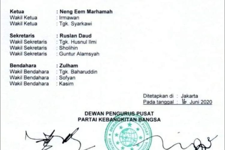 SK Penetapan Pengurus DPC PKB Bener Meriah, Aceh, yang ditandatangani Ketua DPP PKB, Muhaimin Iskandar. 