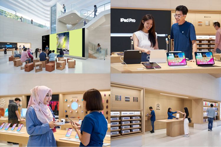 Apple Store Malaysia dihiasi rak-rak dan meja-meja kayu yang menampilkan beragam produk terbaru Apple, mulai dari iPhone, MacBook, Apple Watch, iPad, dan lainnya.