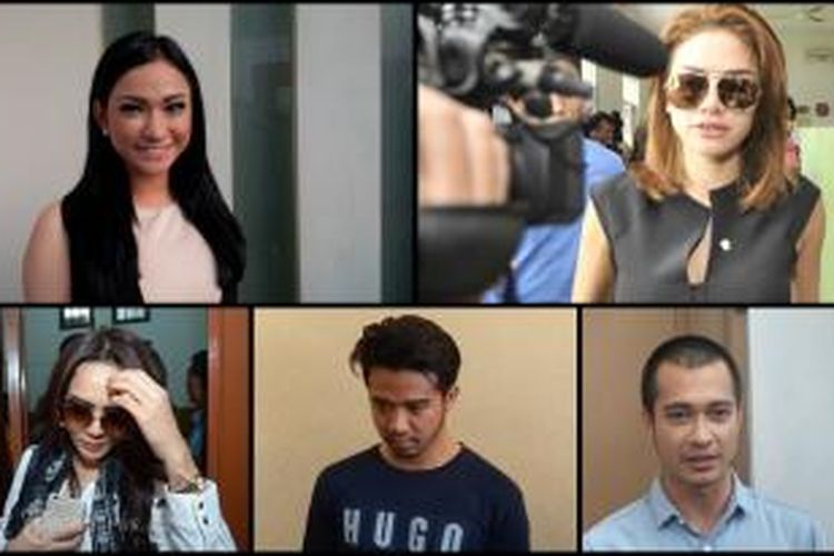 Lima artis Indonesia yang terserempet kasus hukum pada 2015, (searah jarum jam) Amel Alvi, Nikita Mirzani, Eza Gionino, Roby Satria, dan Anggita Sari.