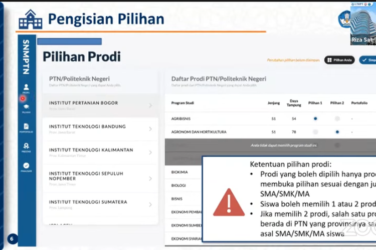 laman pengisian pilihan prodi SNMPTN 2022