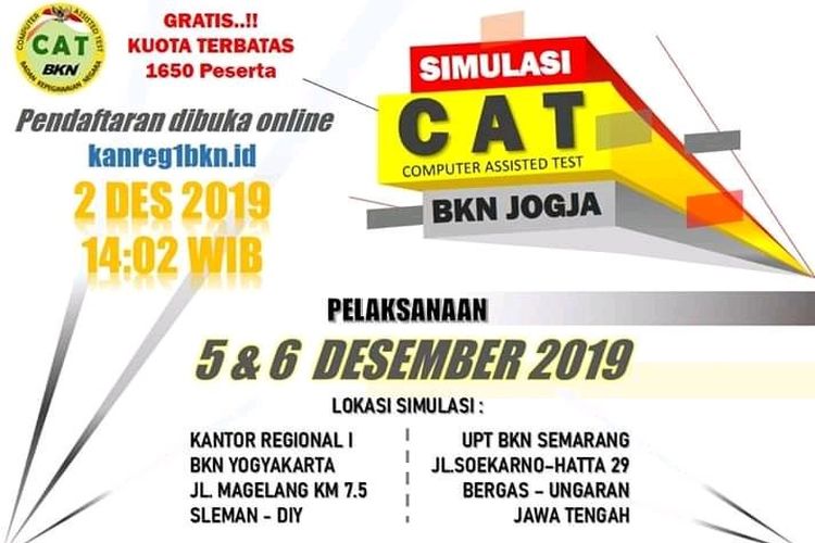 Poster tentang simulasi CAT yang akan digelar oleh Kanreg 1 BKN Yogyakarta.