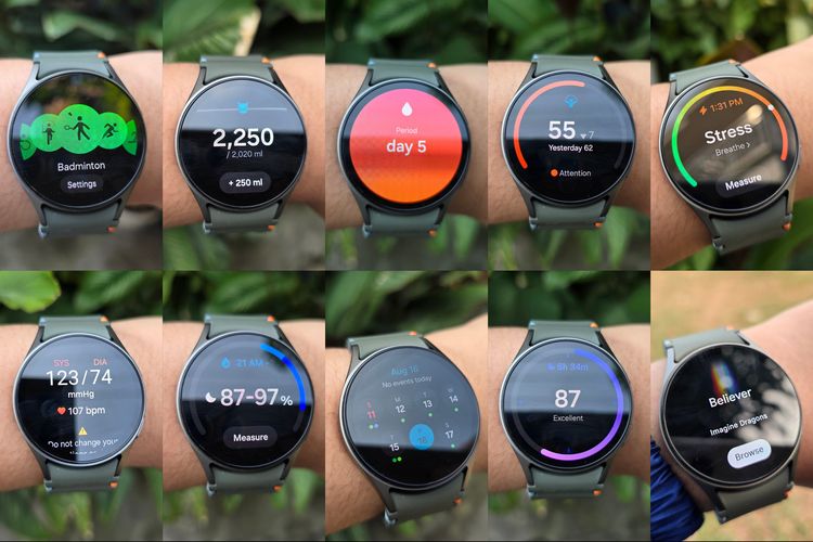 Deretan fitur kesehatan dan kebugaran di Galaxy Watch 7. Mulai dari workout routine, pelacakan asupan air putih, siklus menstruasi, Energy Score, level stres, cek tensi, cek saturasi oksigen, liat jadwal harian, pantauan tidur, media kontroler.