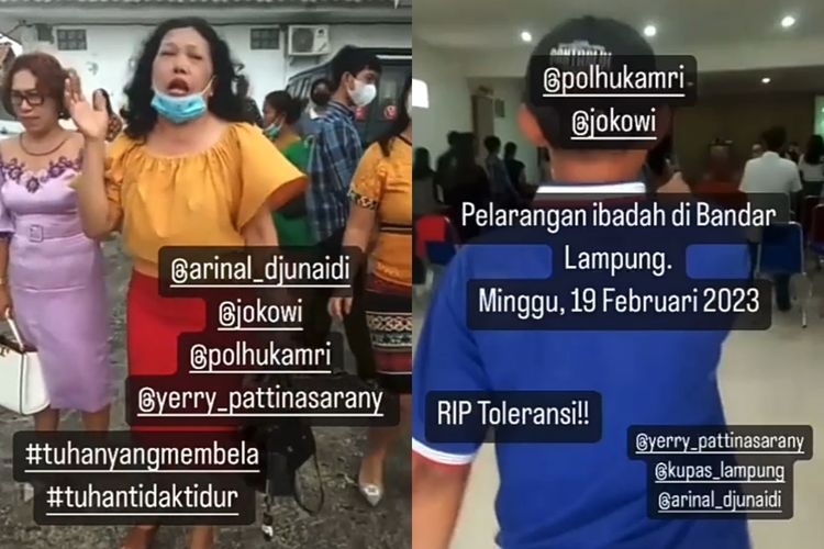 Kolase video pelarangan ibadah gereja di Kota Bandar Lampung, Minggu (19/2/2023).