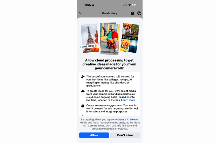 Tangkapan layar pop-up fitur Cloud Processing yang memungkinkan pengguna untuk menghubungkan galeri foto ponsel ke Facebook lewat Meta AI. 