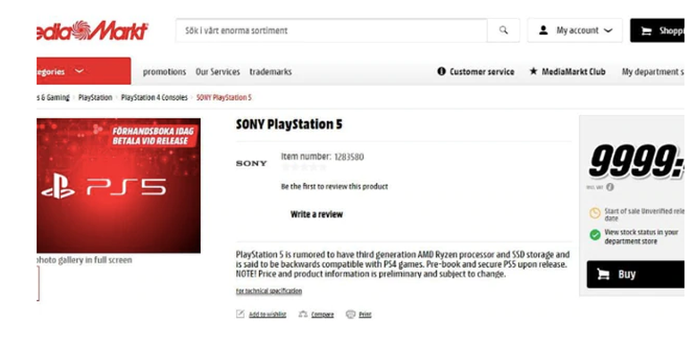 Tangkapan layar gerai online yang memajang harga PlayStation 5