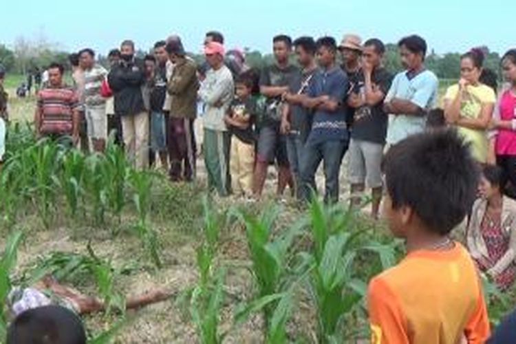 Warga Kabupaten Takalar, Sulawesi Selatan tengah berkerumun di ladang jagung pasca penemuan mayat penuh luka bacokam. Jumat, (26/06/2015).