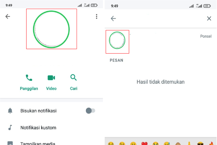 Ilustrasi tanda lingkaran di foto profil WA yang muncul dalam halaman informasi pengguna (kanan) dan halaman ruang obrolan (kiri).