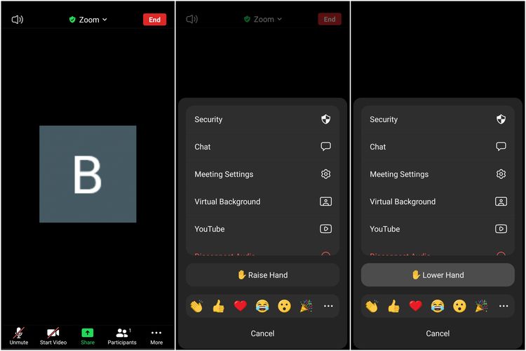 Cara menggunakan fitur Raise Hand di Zoom versi smartphone.