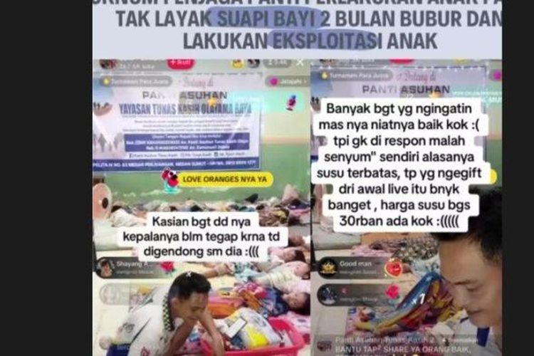 Rekaman penjaga Panti Asuhan Tunas Kasih Olayama Raya Medan saat menyuapi anak bayi dua bulan dengan bubur viral di sosial media, Selasa (19/9/2023). 
