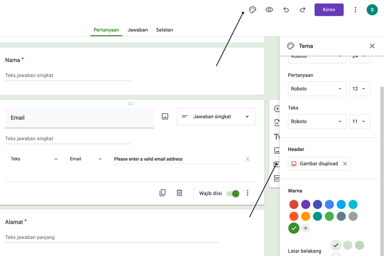 Ilustrasi cara ubah tema Google Forms