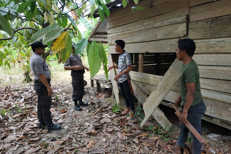 Polisi melihat gubuk yang dirusak gajah liar di Desa Arul Pinang, Kecamatan Peuna ron, Kabupaten Aceh Timur, Senin (9/3/2020).