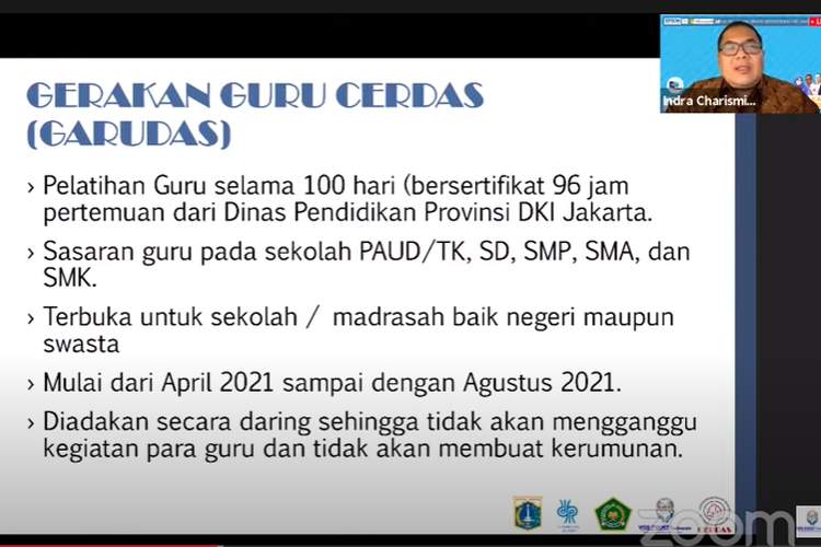 Dinas Pendidikan Jakarta meluncurkan gerakan Gerakan Guru Cerdas (Garudas) secara daring di Jakarta, pada hari Kamis (8/4/2021). Gerakan ini bertujuan mempersiapkan para guru di DKI Jakarta untuk menjalankan pembelajaran tatap muka terbatas di bulan Juli 2021.

