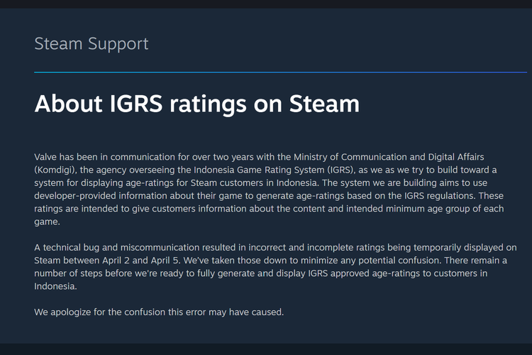 Pernyataan resmi Valve yang dirilis di halaman Steam. Valve meminta maaf soal adanya masalah di sistem rating IGRS Steam. 
