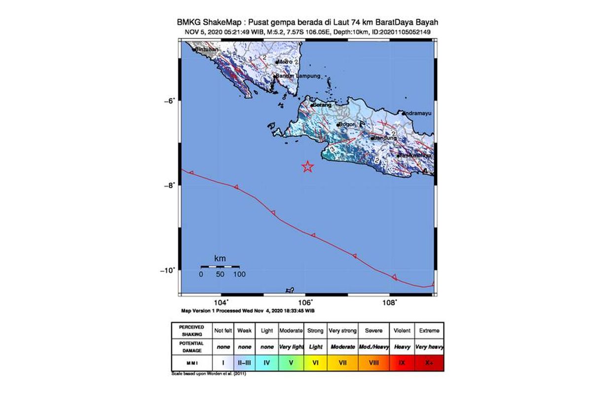 Gempa dengan magnitudo 5,2 mengguncang wilayah Banten dan sekitarnya, Kamis (5/11/2020).