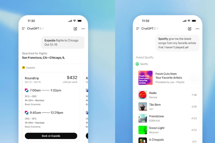 (Kiri - kanan) Tampilan aplikasi yang berjalan di dalam ChatGPT, ada aplikasi Expedia yang memungkinkan pengguna meminta ChatGPT mencari informasi perjalanan. Lalu aplikasi Spotify, di mana pengguna bisa menyuruh ChatGPT memberikan playlist musik mereka. 