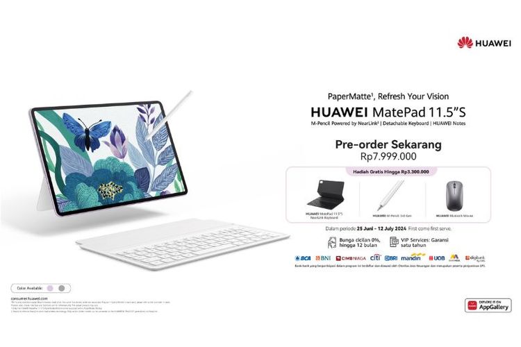 Pelanggan yang memesan HUAWEI MatePad 11.5 S melalui program pre-order berkesempatan mendapatkan bonus senilai totla Rp 3,3 juta. 