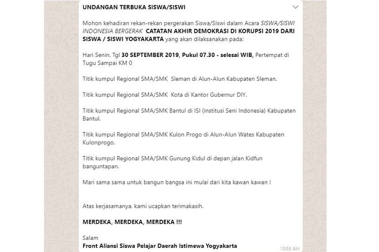 Tangkapan layar pesan berantai yang menyebutkan adanya aksi pelajar SMA/SMK di Yogyakarta